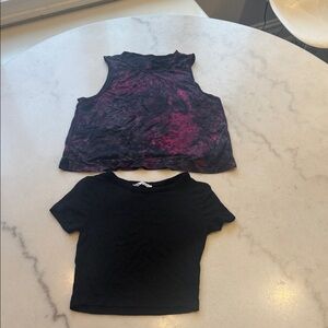 Zara and no brand Tie-Dye Purple & Black Cropped Tank + Black Crop Tee Duo